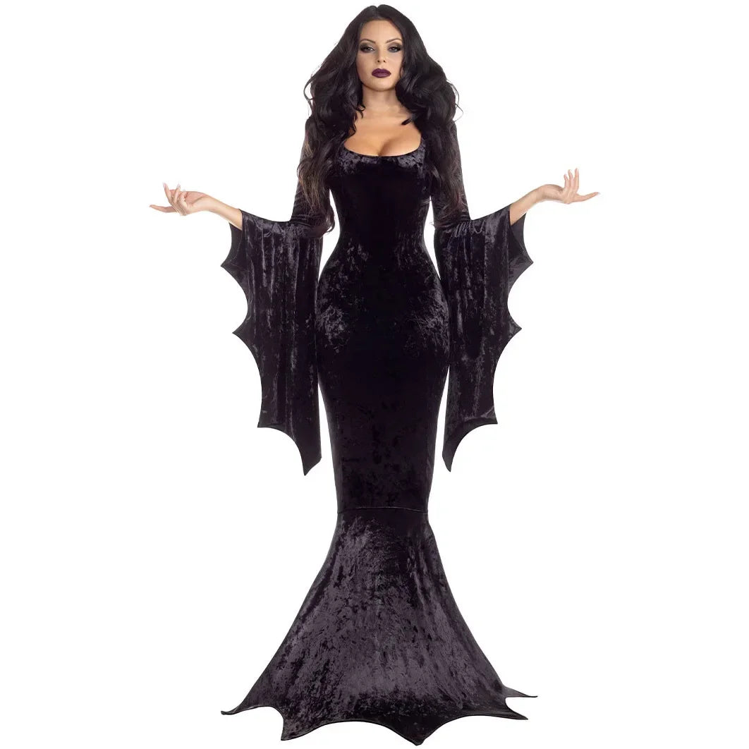 Morticia Addams Costume – Long Train Gothic Dress with Bat Sleeves | Halloween Dark Horror Gown for Adults