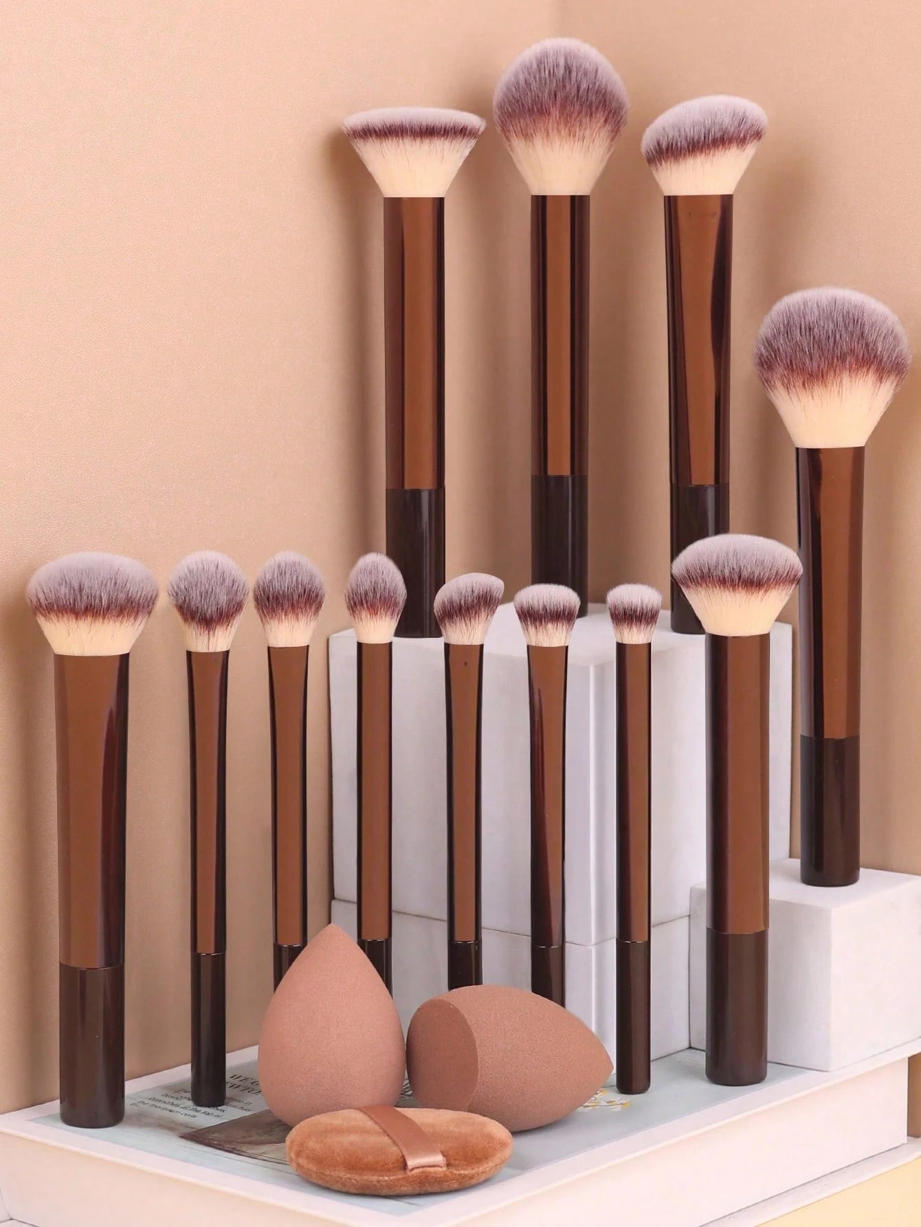 12pcs Multi - Functional Makeup Brush Set with Sponges & Powder Puff - FINDS & FAVES