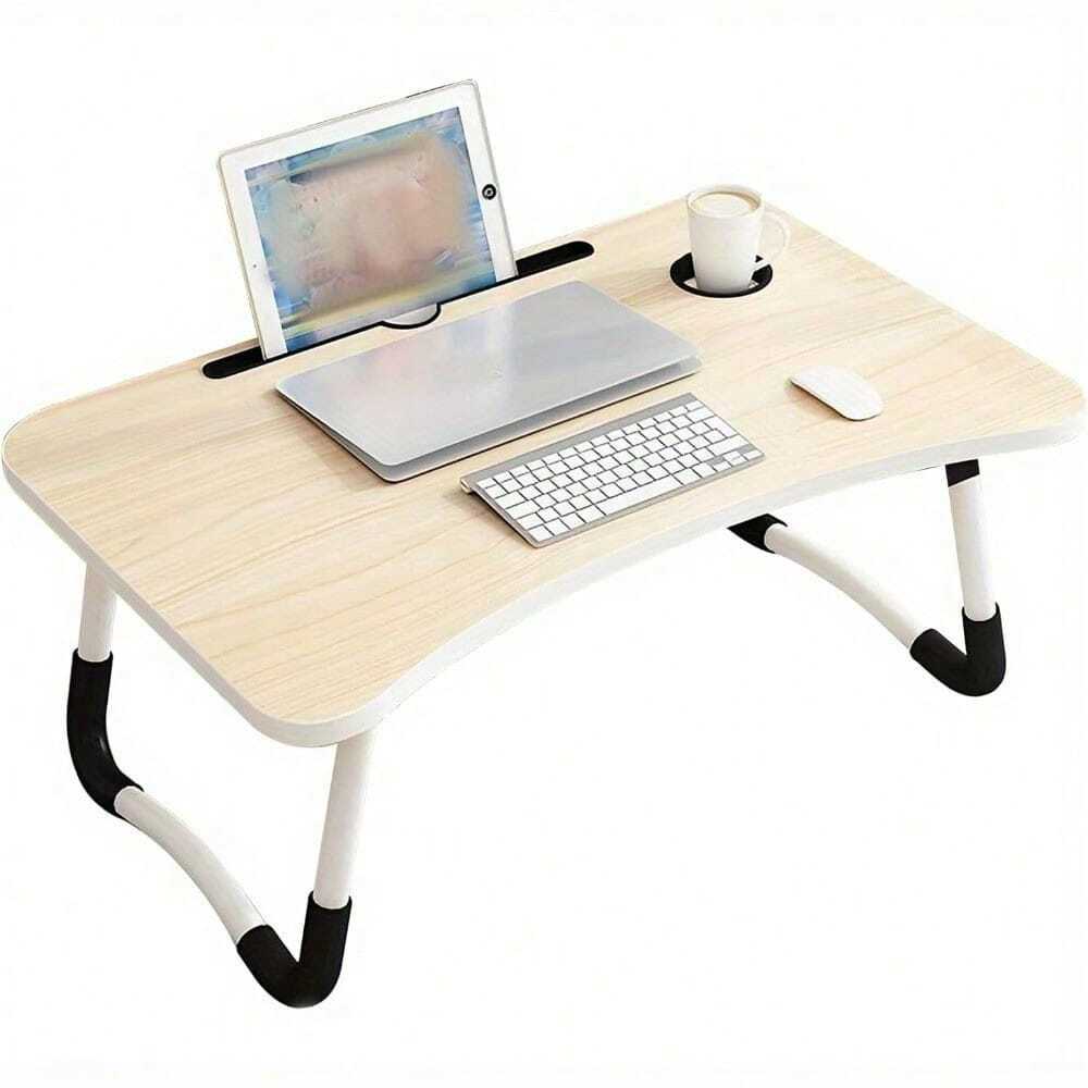 Laptop Bed Table 60x40cm – Foldable Bed Desk with Cup Slot, Beige UK