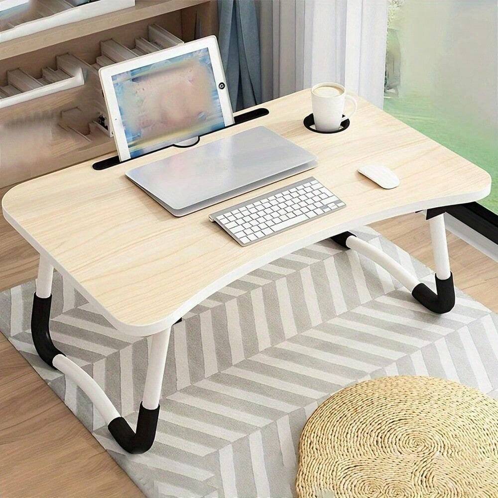 Laptop Bed Table 60x40cm – Foldable Bed Desk with Cup Slot, Beige UK