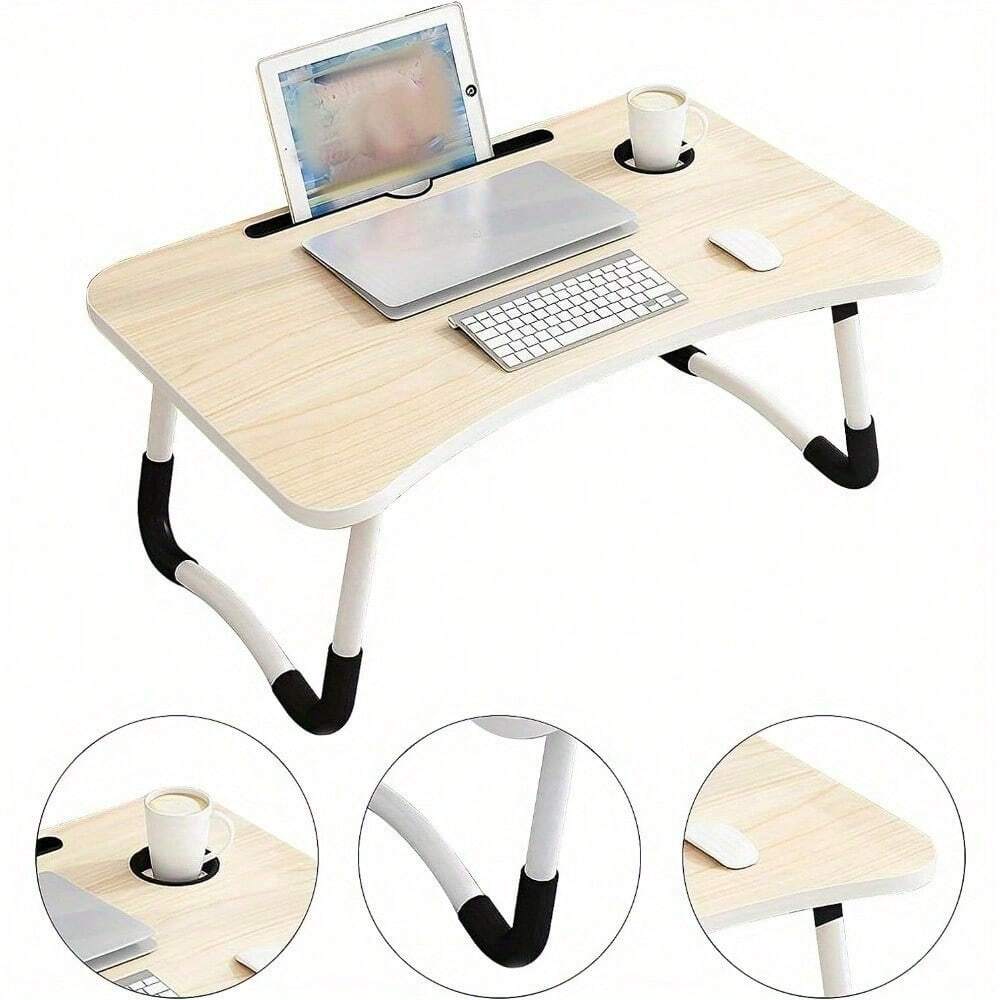 Laptop Bed Table 60x40cm – Foldable Bed Desk with Cup Slot, Beige UK
