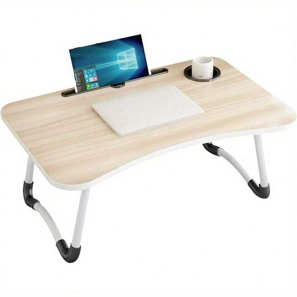 Laptop Bed Table 60x40cm – Foldable Bed Desk with Cup Slot, Beige UK