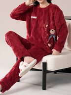 Cute Striped Fluffy Pyjama Set – Warm Bear Fleece Sleepwear for Women UK