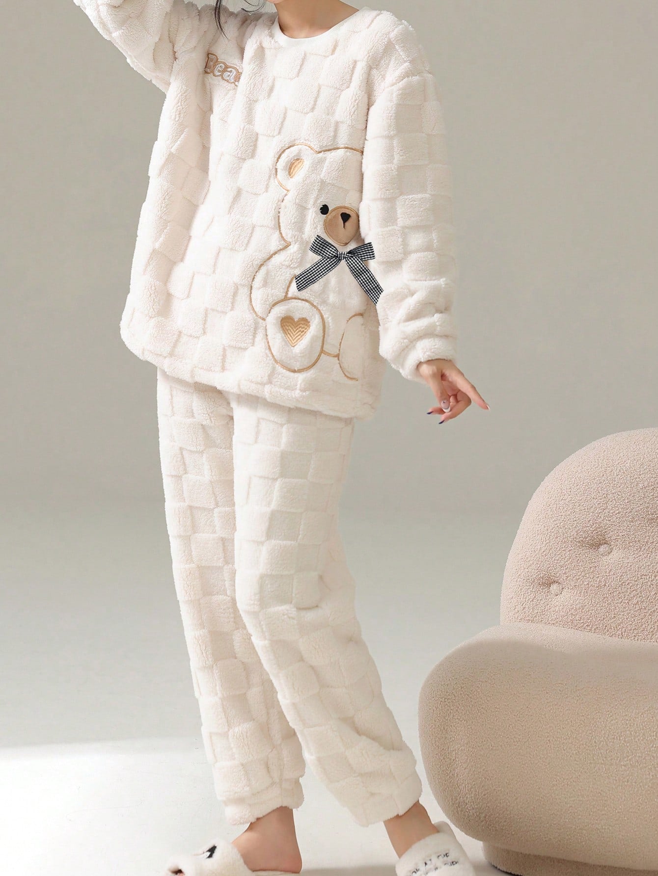 Cute Striped Fluffy Pyjama Set – Warm Bear Fleece Sleepwear for Women UK