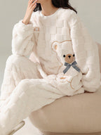 Cute Striped Fluffy Pyjama Set – Warm Bear Fleece Sleepwear for Women UK
