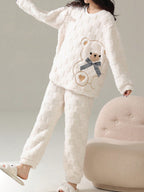 Cute Striped Fluffy Pyjama Set – Warm Bear Fleece Sleepwear for Women UK