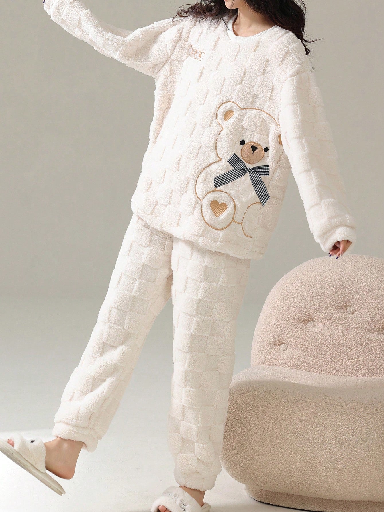 Cute Striped Fluffy Pyjama Set – Warm Bear Fleece Sleepwear for Women UK