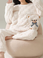 Cute Striped Fluffy Pyjama Set – Warm Bear Fleece Sleepwear for Women UK