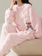 Cute Striped Fluffy Pyjama Set – Warm Bear Fleece Sleepwear for Women UK