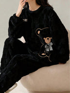 Cute Striped Fluffy Pyjama Set – Warm Bear Fleece Sleepwear for Women UK