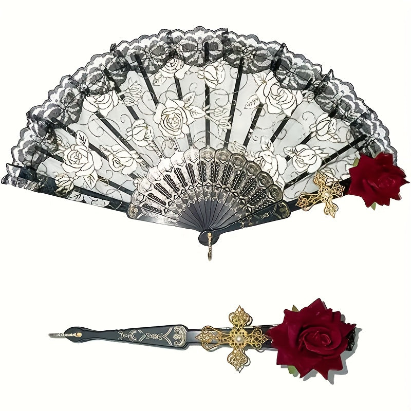 Vintage Flamenco Folding Fan – Elegant Black Rose Lace Handheld Fan for Weddings & Parties