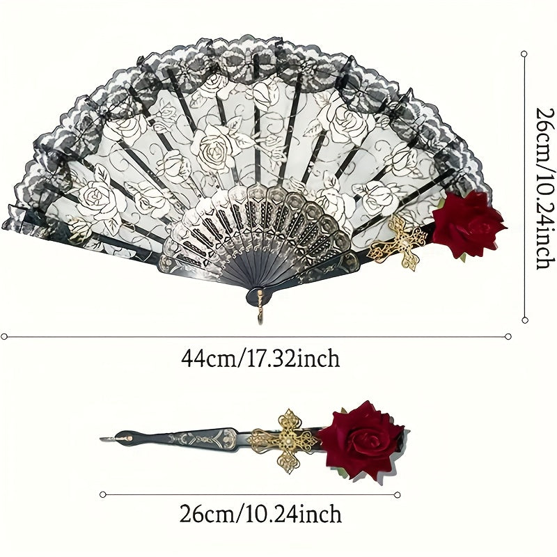 Vintage Flamenco Folding Fan – Elegant Black Rose Lace Handheld Fan for Weddings & Parties
