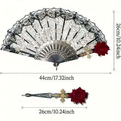 Vintage Flamenco Folding Fan – Elegant Black Rose Lace Handheld Fan for Weddings & Parties