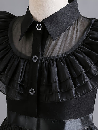 Girls’ Cool Tutu Dress – TV Character Inspired Sleeveless Costume with Layered Ruffle Hem, Button-Up Lapel Collar, Halloween Party Outfit