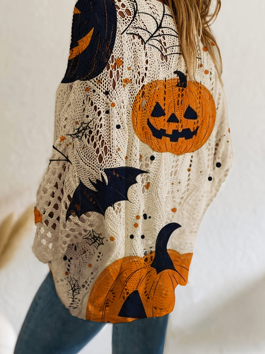 Women’s Halloween Off-Shoulder V-Neck Top – Bat & Pumpkin Print, Long Sleeve, Loose Relaxed Fit – Casual Vacation Halloween Shirt