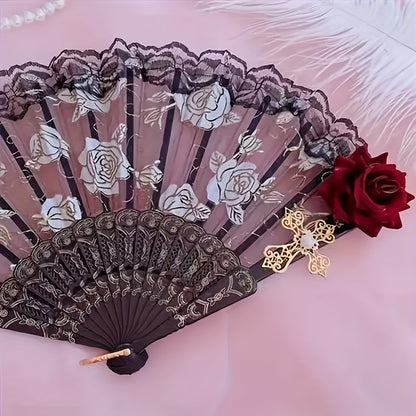 Vintage Flamenco Folding Fan – Elegant Black Rose Lace Handheld Fan for Weddings & Parties