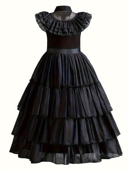 Girls’ Cool Tutu Dress – TV Character Inspired Sleeveless Costume with Layered Ruffle Hem, Button-Up Lapel Collar, Halloween Party Outfit