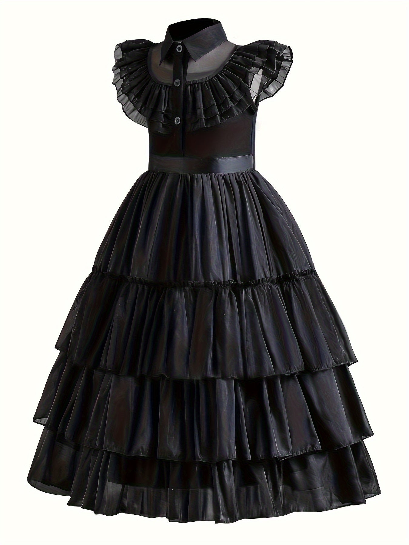 Girls’ Cool Tutu Dress – TV Character Inspired Sleeveless Costume with Layered Ruffle Hem, Button-Up Lapel Collar, Halloween Party Outfit