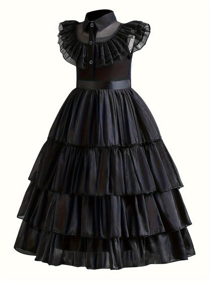 Girls’ Cool Tutu Dress – TV Character Inspired Sleeveless Costume with Layered Ruffle Hem, Button-Up Lapel Collar, Halloween Party Outfit