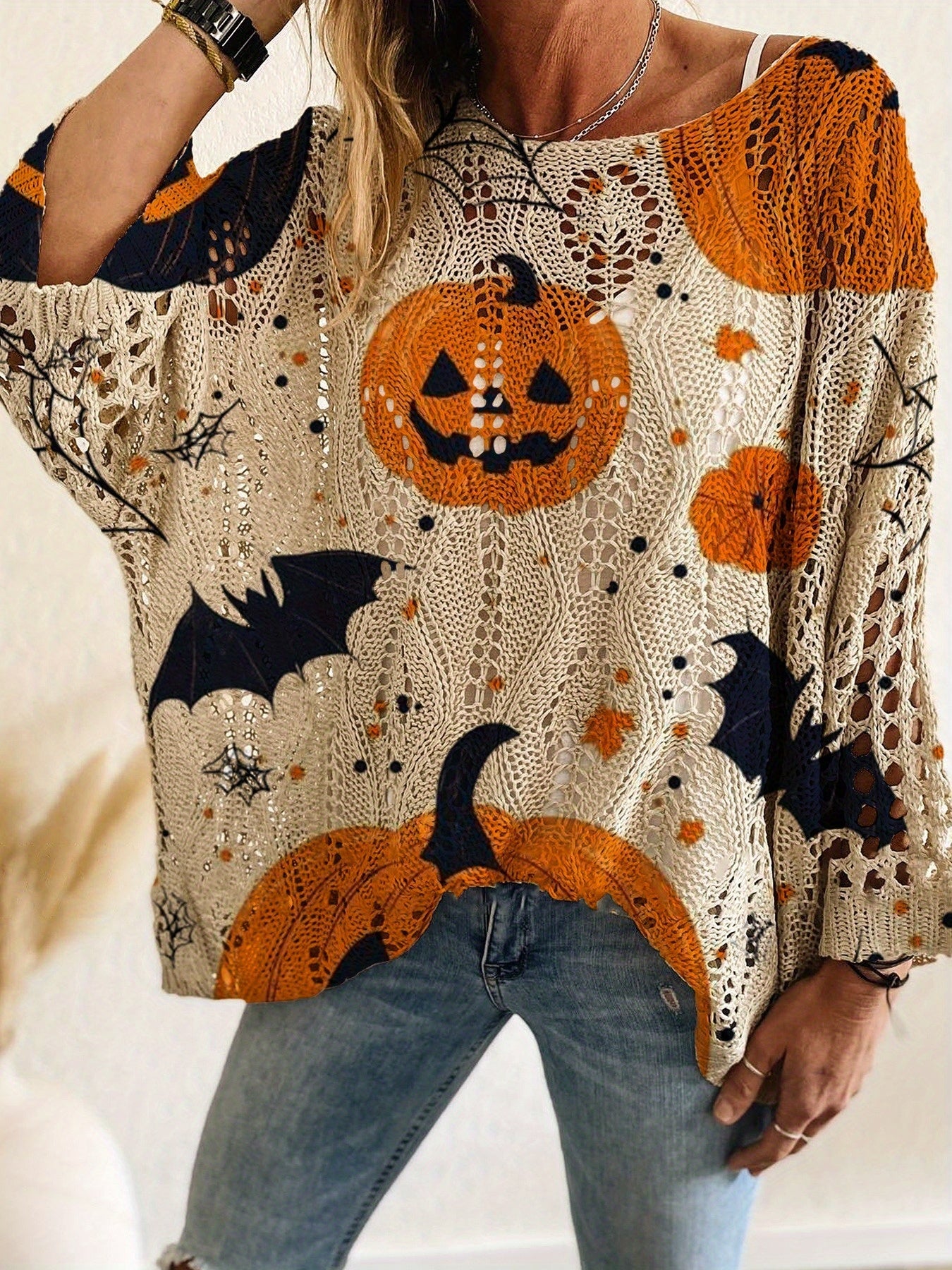 Women’s Halloween Off-Shoulder V-Neck Top – Bat & Pumpkin Print, Long Sleeve, Loose Relaxed Fit – Casual Vacation Halloween Shirt