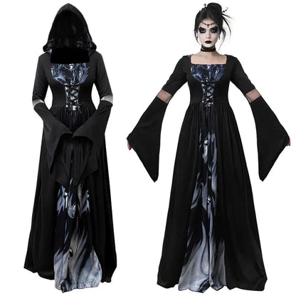 Halloween Witch Dress – Gothic Vintage Hooded Vampire Gown with Bell Sleeves