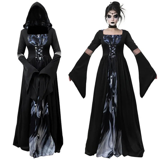 Halloween Witch Dress – Gothic Vintage Hooded Vampire Gown with Bell Sleeves