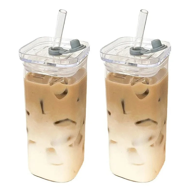 Square Heat-Resistant Glass Coffee Cup with Lid & Straw – Transparent Drinkware