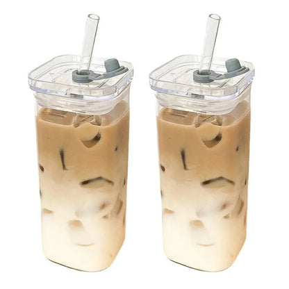 Square Heat-Resistant Glass Coffee Cup with Lid & Straw – Transparent Drinkware
