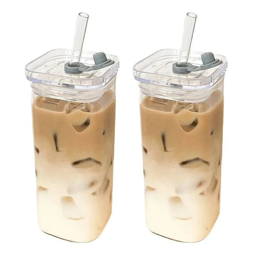 Square Heat-Resistant Glass Coffee Cup with Lid & Straw – Transparent Drinkware