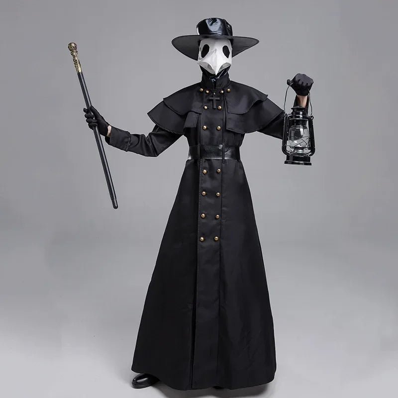 Medieval Hooded Robe with Plague Doctor Mask & Hat – Men’s Halloween Cosplay Cloak | Monk, Priest, Wizard, Steampunk Costume (Up to 5XL)