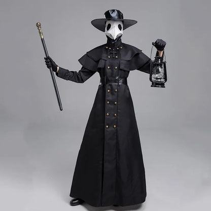 Medieval Hooded Robe with Plague Doctor Mask & Hat – Men’s Halloween Cosplay Cloak | Monk, Priest, Wizard, Steampunk Costume (Up to 5XL)
