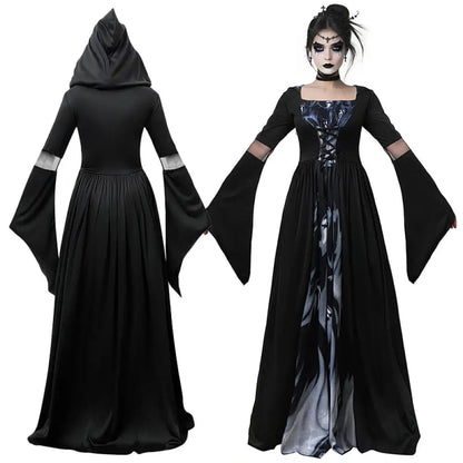 Halloween Witch Dress – Gothic Vintage Hooded Vampire Gown with Bell Sleeves