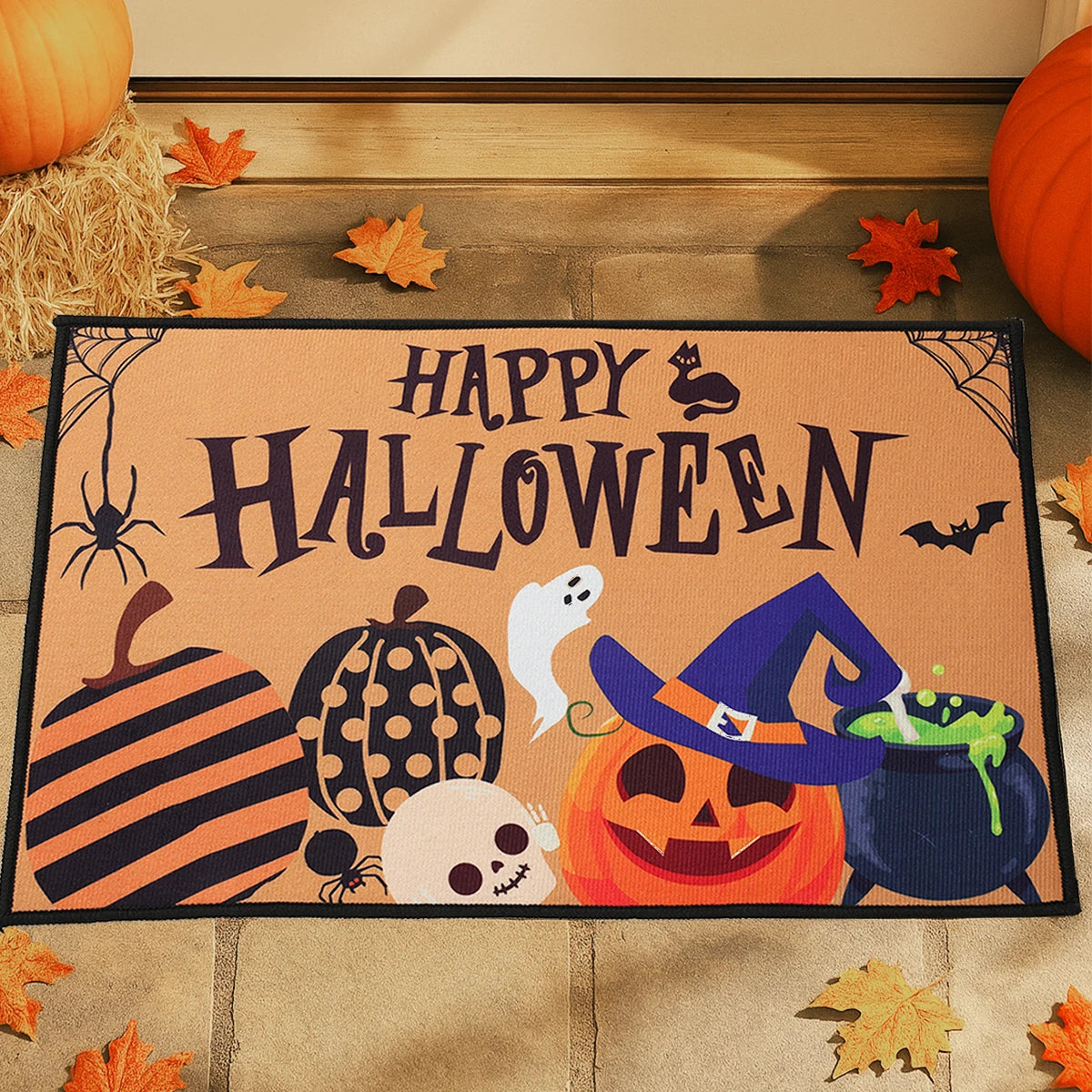 Halloween Crystal Velvet Doormat – Pumpkin & Ghost Trick or Treat Mat