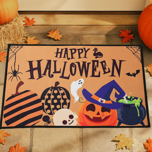 Halloween Crystal Velvet Doormat – Pumpkin & Ghost Trick or Treat Mat
