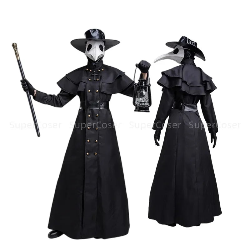 Medieval Hooded Robe with Plague Doctor Mask & Hat – Men’s Halloween Cosplay Cloak | Monk, Priest, Wizard, Steampunk Costume (Up to 5XL)