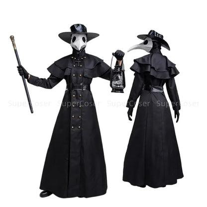 Medieval Hooded Robe with Plague Doctor Mask & Hat – Men’s Halloween Cosplay Cloak | Monk, Priest, Wizard, Steampunk Costume (Up to 5XL)