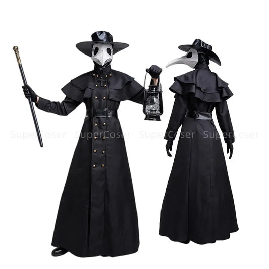 Medieval Hooded Robe with Plague Doctor Mask & Hat – Men’s Halloween Cosplay Cloak | Monk, Priest, Wizard, Steampunk Costume (Up to 5XL)