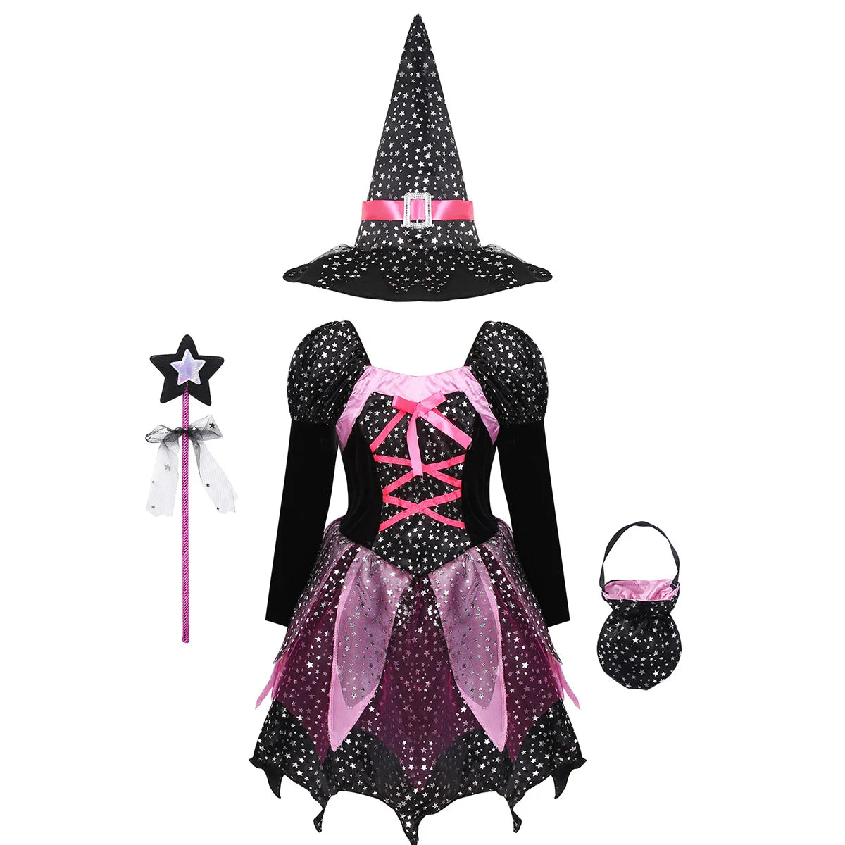 Girls 4-Piece Witch Costume Set – Dress, Hat, Wand & Bag | Halloween Wizard Outfit 2025 for Kids
