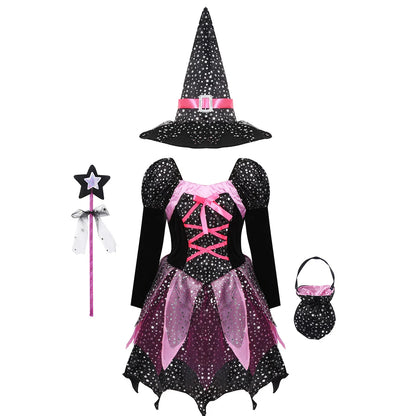 Girls 4-Piece Witch Costume Set – Dress, Hat, Wand & Bag | Halloween Wizard Outfit 2025 for Kids