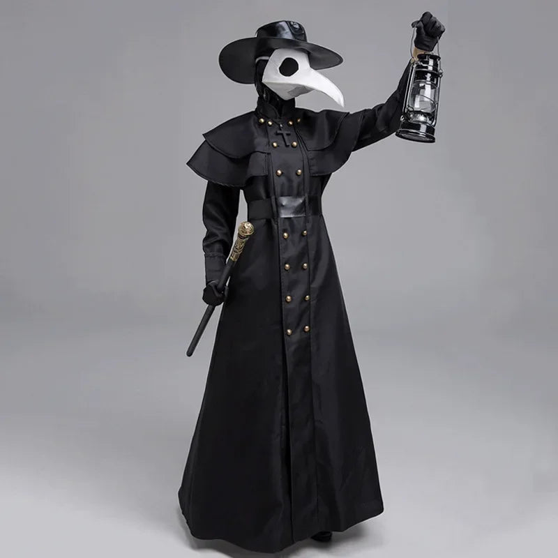 Medieval Hooded Robe with Plague Doctor Mask & Hat – Men’s Halloween Cosplay Cloak | Monk, Priest, Wizard, Steampunk Costume (Up to 5XL)