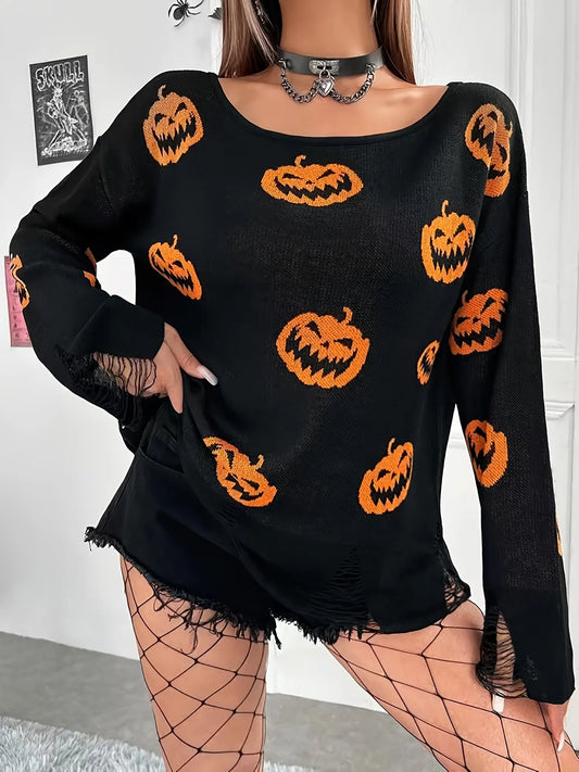 Women’s Autumn Winter Halloween Sweater – Round Neck Loose Woolen Pullover with Distressed Hole Design, Cozy Casual Knit Top