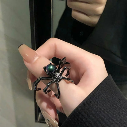 Gothic Spider Open Ring – Retro Moonstone Black Punk Jewelry for Women