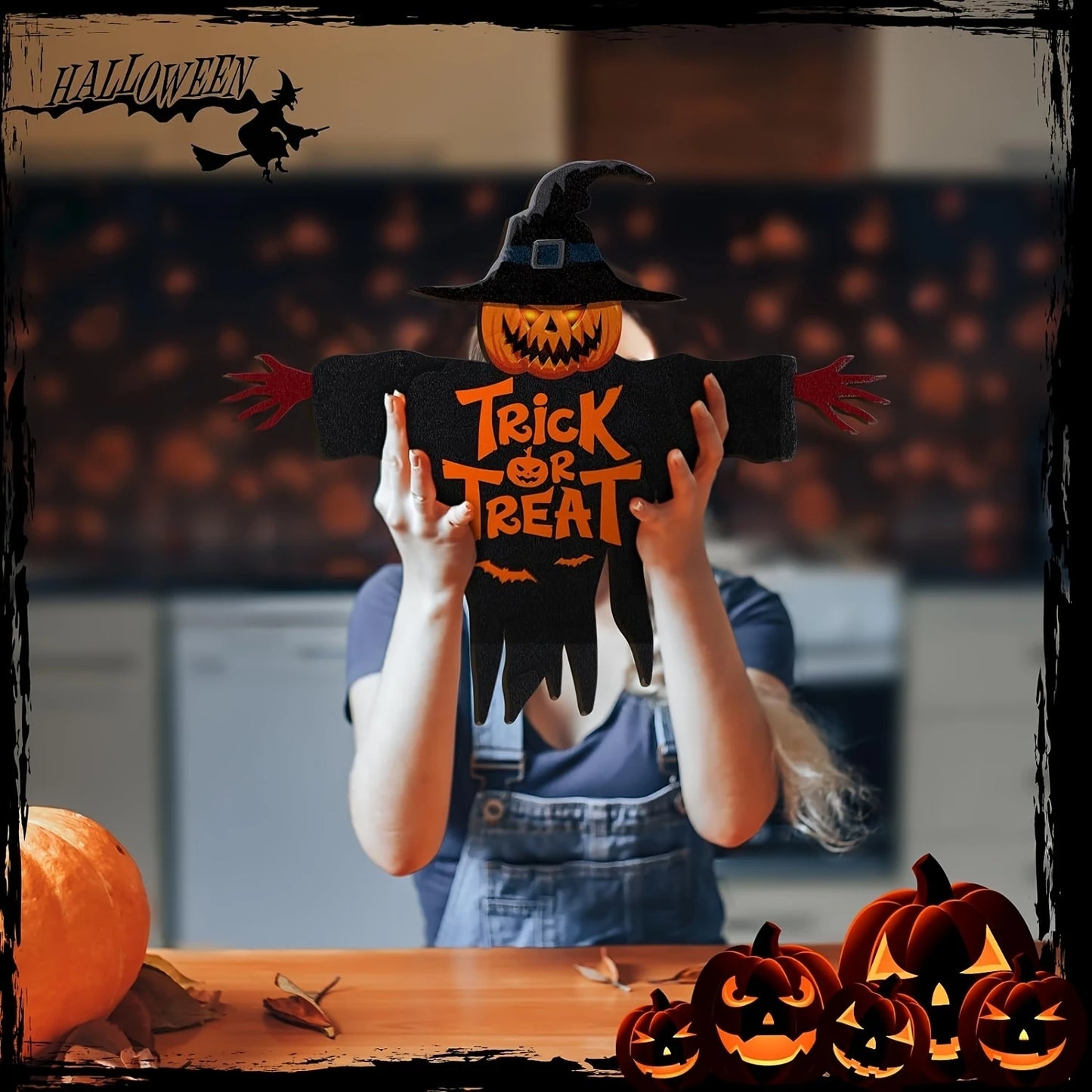 2D Halloween Trick-or-Treat Wooden Sign – Pumpkin Monster Porch Decor