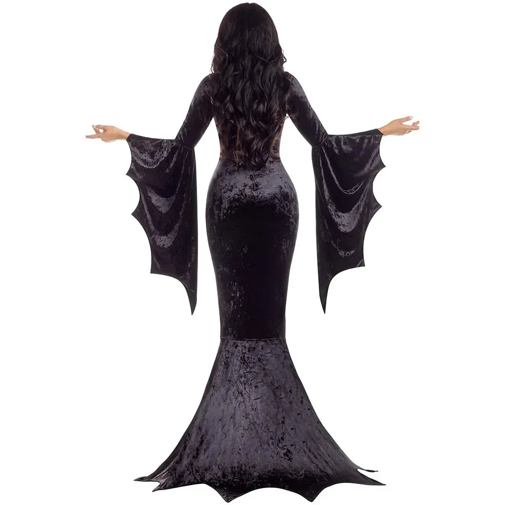 Morticia Addams Costume – Long Train Gothic Dress with Bat Sleeves | Halloween Dark Horror Gown for Adults