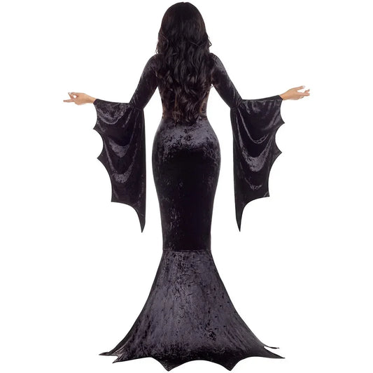 Morticia Addams Costume – Long Train Gothic Dress with Bat Sleeves | Halloween Dark Horror Gown for Adults