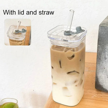 Square Heat-Resistant Glass Coffee Cup with Lid & Straw – Transparent Drinkware