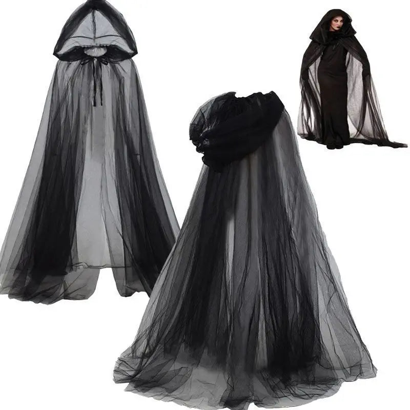 Black Witch & Vampire Cosplay Cloak – Halloween Double Layer Bridal Shawl | Party Costume Prop & Holiday Dress Up