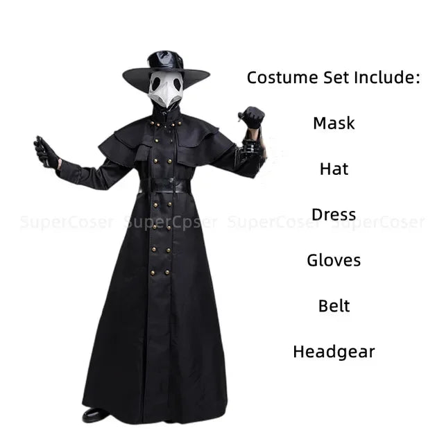 Medieval Hooded Robe with Plague Doctor Mask & Hat – Men’s Halloween Cosplay Cloak | Monk, Priest, Wizard, Steampunk Costume (Up to 5XL)