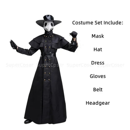 Medieval Hooded Robe with Plague Doctor Mask & Hat – Men’s Halloween Cosplay Cloak | Monk, Priest, Wizard, Steampunk Costume (Up to 5XL)
