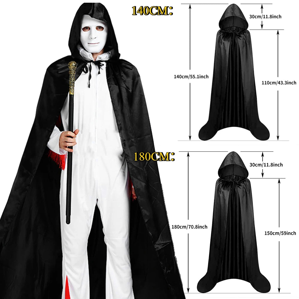 Halloween Black Hooded Cloak – Soft Unisex Witch & Wizard Robe | Long Cape Cosplay Costume for Party, Performance & Holiday Dress Up